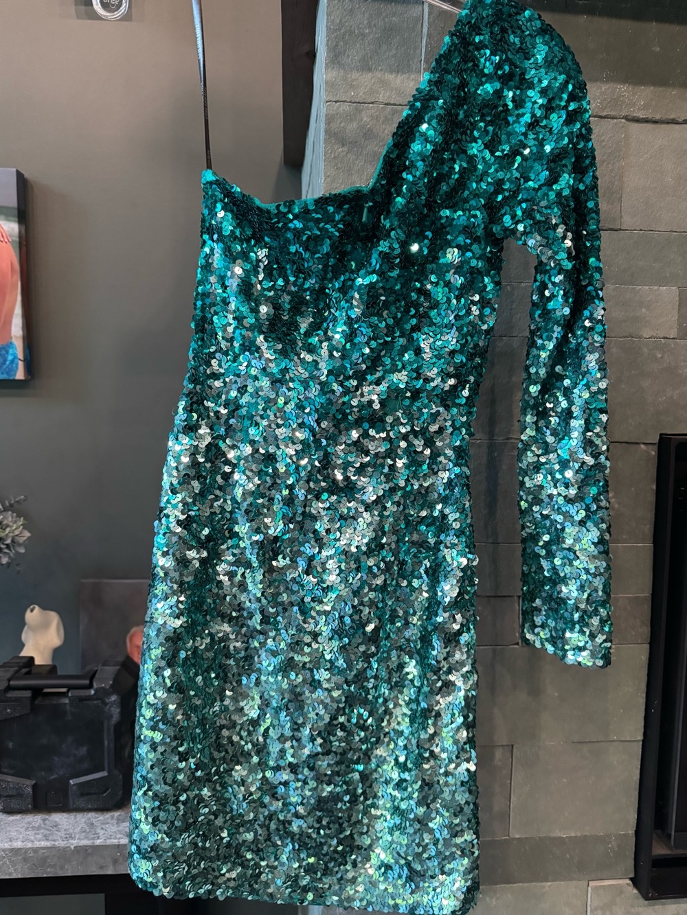 Sherri Hill One-Shoulder Teal Sequin Mini Dress